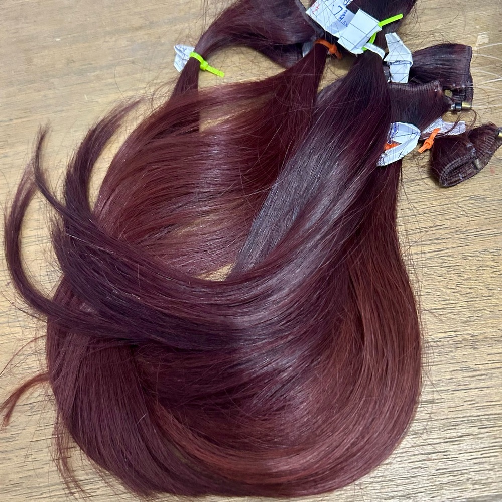 Beaded 30” Machine-tied weft extension 93g Remy Human Hair Dark Red/ burgany 14”